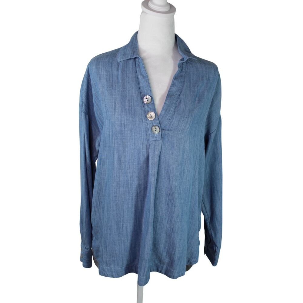 Soft Surroundings Oversized Tunic Chambray Top Long Sleeve Shirt Blouse XS